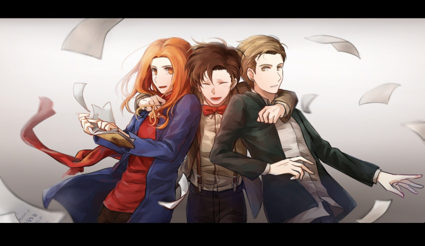 1girl, 2boys, amy_pond, blonde_hair, bow, bowtie, brown_eyes, brown_hair, closed_eyes, doctor_who, eleventh_doctor, hug, multiple_boys, orange_eyes, orange_hair, rory_williams, smile, the_doctor