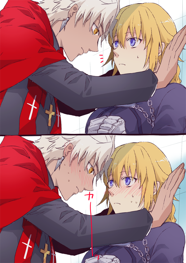 1boy, 1girl, 2koma, against_wall, blue_eyes, blush, comic, dark_skin, dark_skinned_male, fate/apocrypha, fate_(series), hetero, kotomine_shirou, long_hair, meltdown0802, ruler_(fate/apocrypha), silent_comic, silver_hair, twitter_username, wall_slam, yellow_eyes