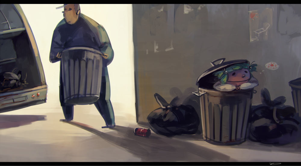 1girl, commentary, garbage_truck, ground_vehicle, hair_bobbles, hair_ornament, in_container, kisume, koto_inari, motor_vehicle, relaxed, touhou, trash_bag, trash_can, truck