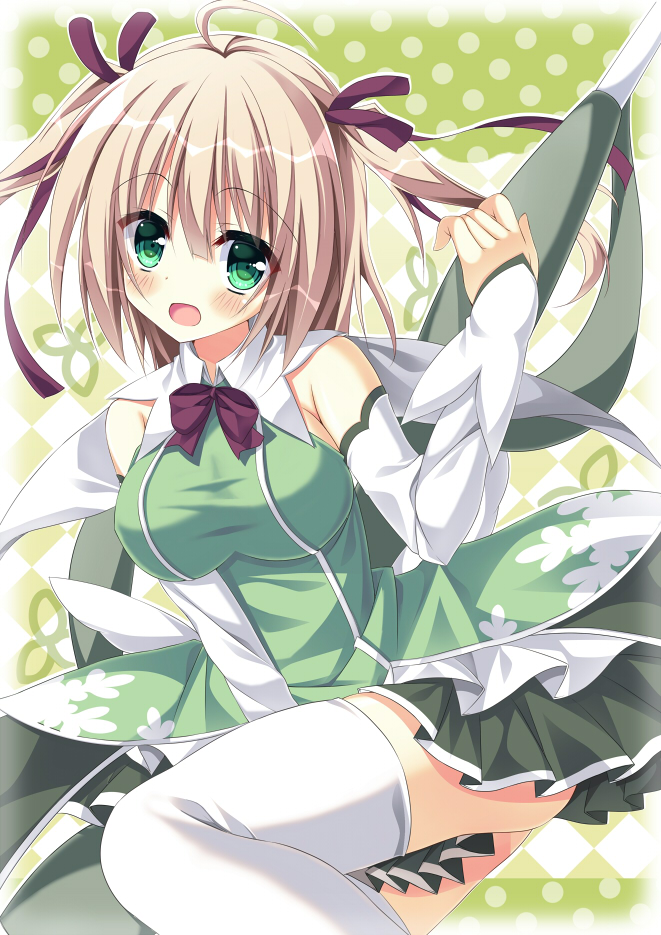 1girl, :d, ahoge, arm_warmers, blonde_hair, bow, cowboy_shot, flower_knight_girl
