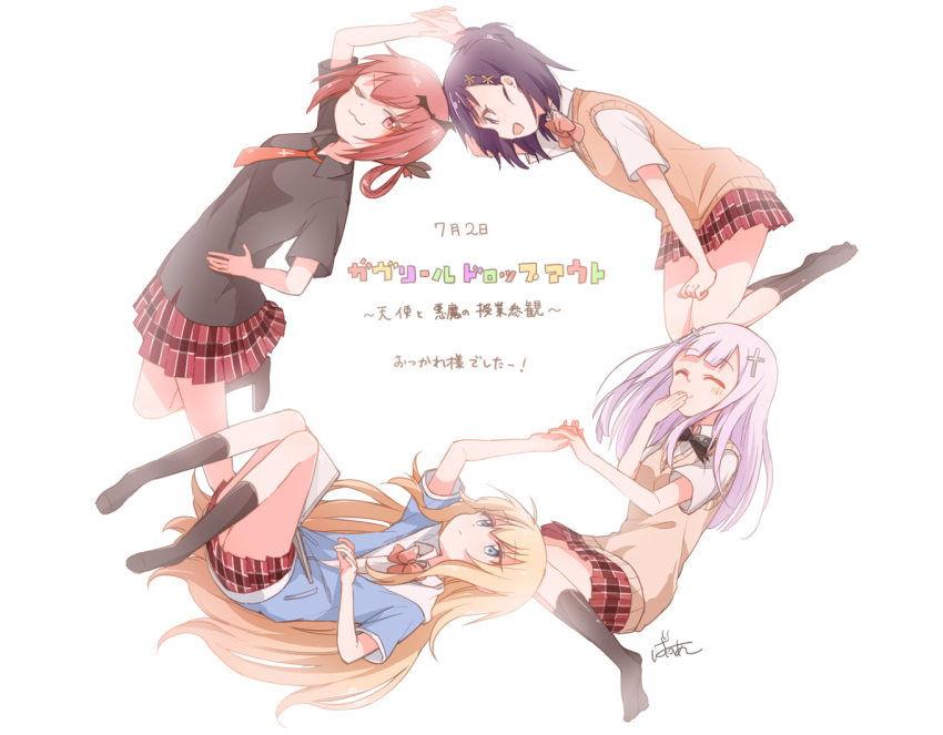 >:3, 4girls, :3, ^_^, artist_signature, bafarin, bangs, bat_hair_ornament