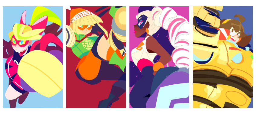 4girls, ahoge, arms_(game), bare_shoulders, beanie, blonde_hair, breasts, brown_hair