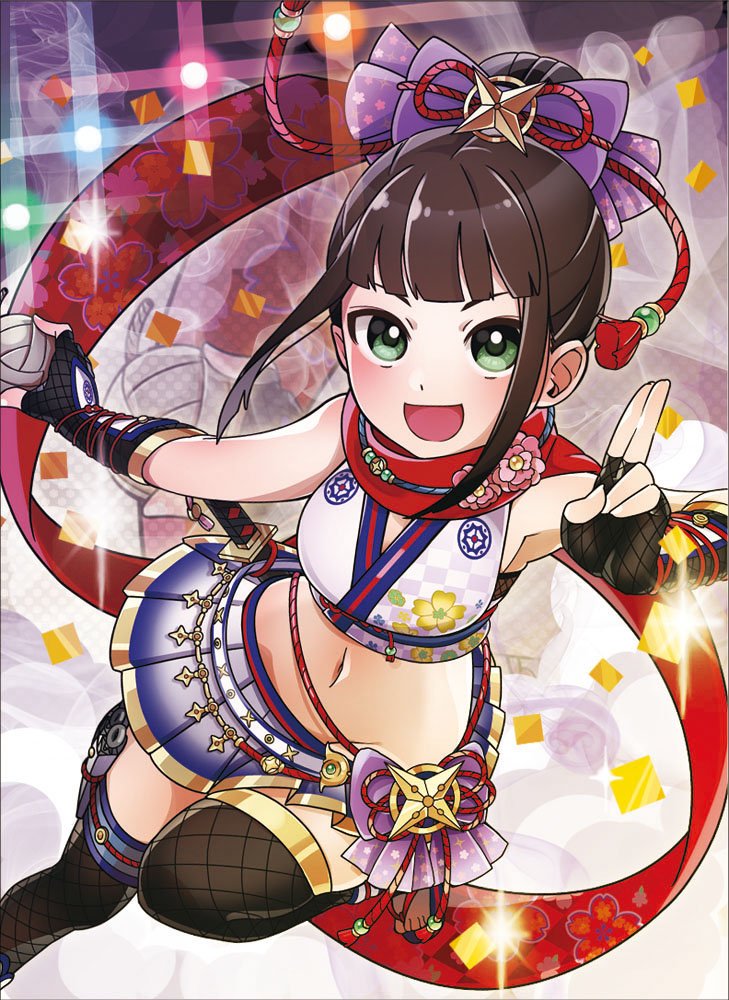 1girl, :d, armpits, bomb, brown_hair, cleiooo, fingerless_gloves, fishnets