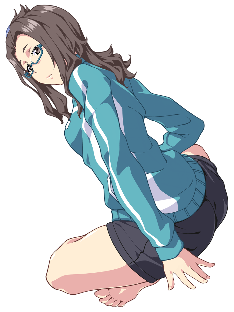 1girl, aqua-framed_eyewear, arm_support, barefoot, black_shorts, brown_eyes, brown_hair, dutch_angle