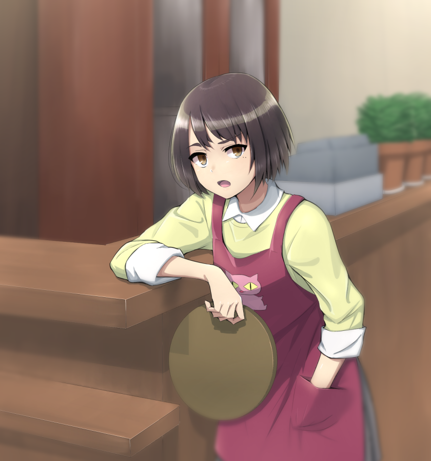 1girl, :o, blurry, blurry_background, brown_hair, cash_register, countertop, grazie_loggins