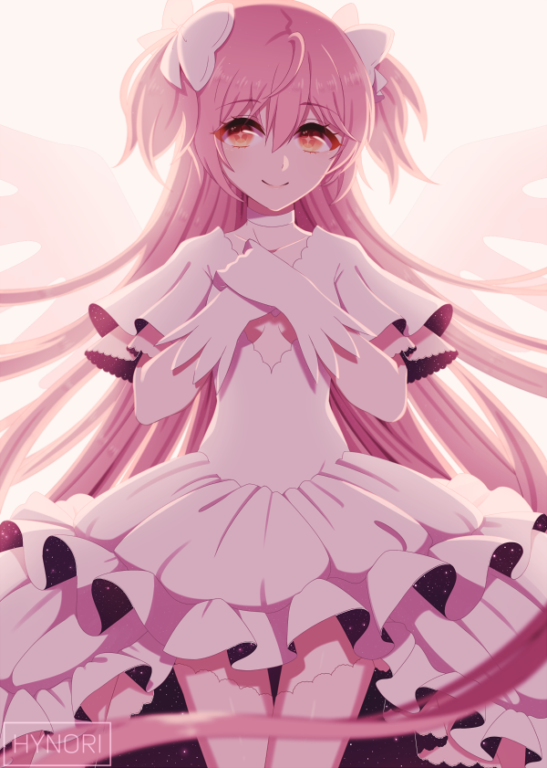 +_+, 1girl, artist_name, blush, bow, eyebrows_visible_through_hair, goddess_madoka, hair_bow