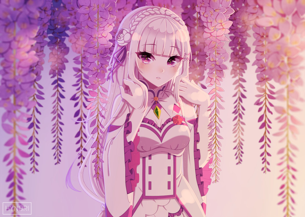 1girl, blush, breasts, cleavage, elbow_gloves, emilia_(re:zero), eyebrows_visible_through_hair, gloves