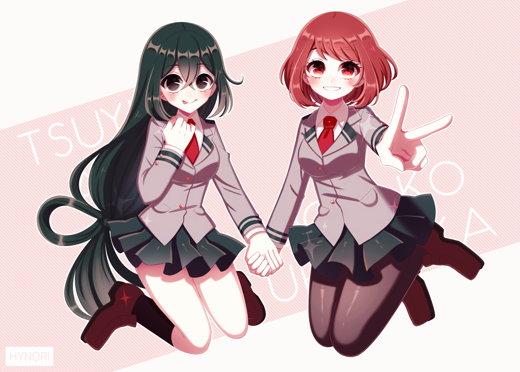 2girls, artist_name, asui_tsuyu, black_eyes, black_hair, black_legwear, black_skirt, blush, boku_no_hero_academia, breasts, brown_eyes, brown_hair, brown_shoes, character_name, eyebrows_visible_through_hair, hynori, kneehighs, large_breasts, long_hair, looking_at_viewer, multiple_girls, necktie, pantyhose, red_necktie, shoes, short_hair, skirt, smile, tongue, tongue_out, uraraka_ochako, v