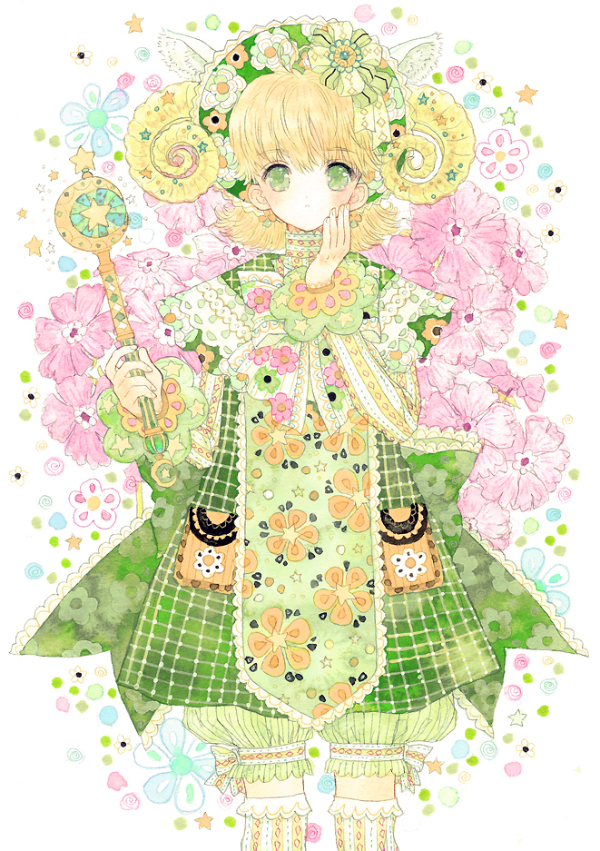 1girl, animal_ears, blonde_hair, bloomers, bonnet, floral_print, flower, green_eyes