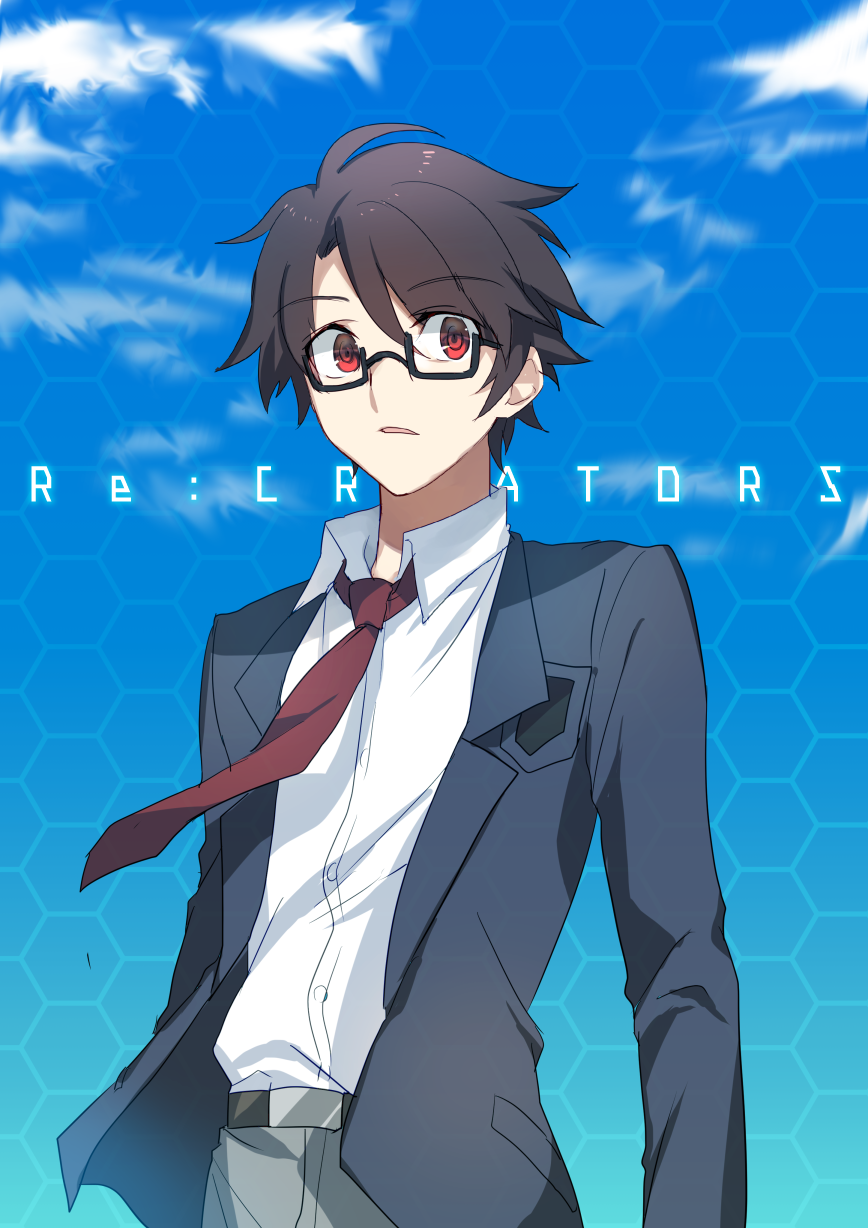 1boy, brown_hair, clouds, copyright_name, glasses, highres, jacket, mizushino_souta, necktie, nikame, open_mouth, re:creators, red_eyes, school_uniform, short_hair