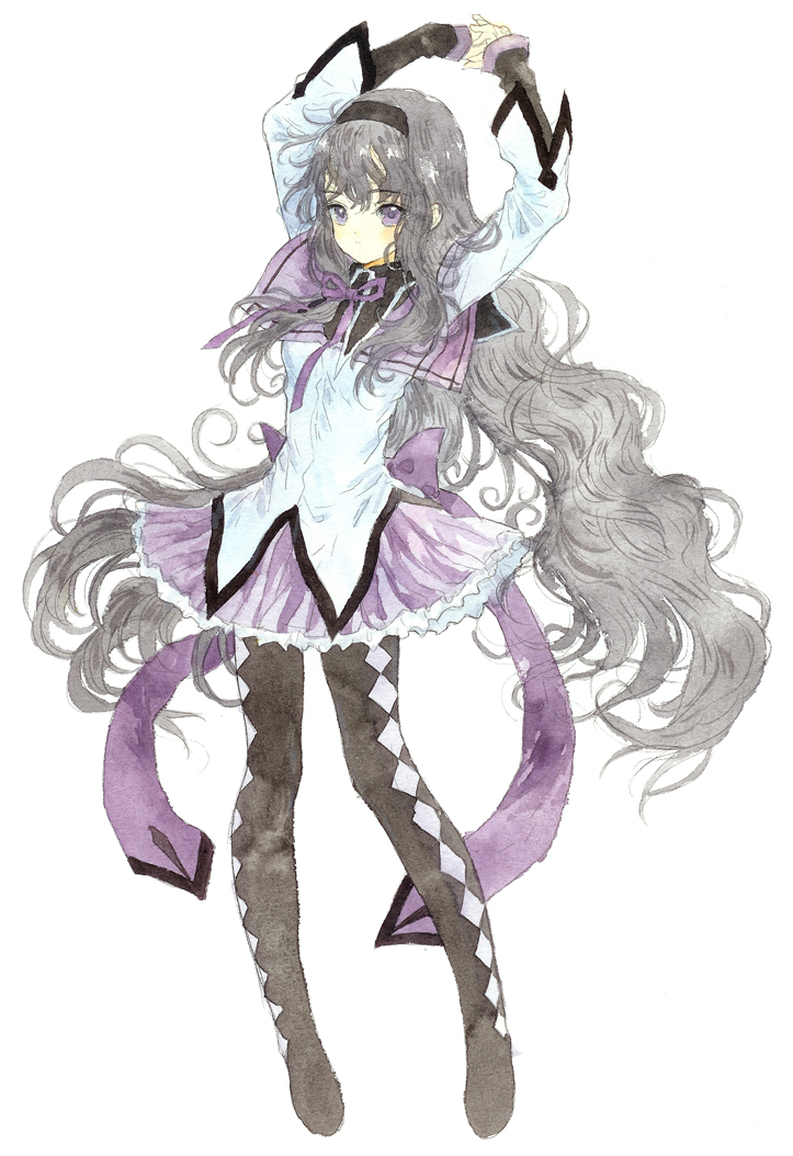 akemi_homura, argyle, argyle_legwear, arms_up, black_hair, black_hairband, black_legwear, colored_pencil_(medium)