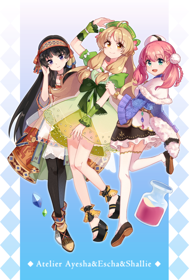 3girls, ahoge, atelier_(series), atelier_ayesha, atelier_escha_&amp;_logy, atelier_shallie, ayesha_altugle, black_hair