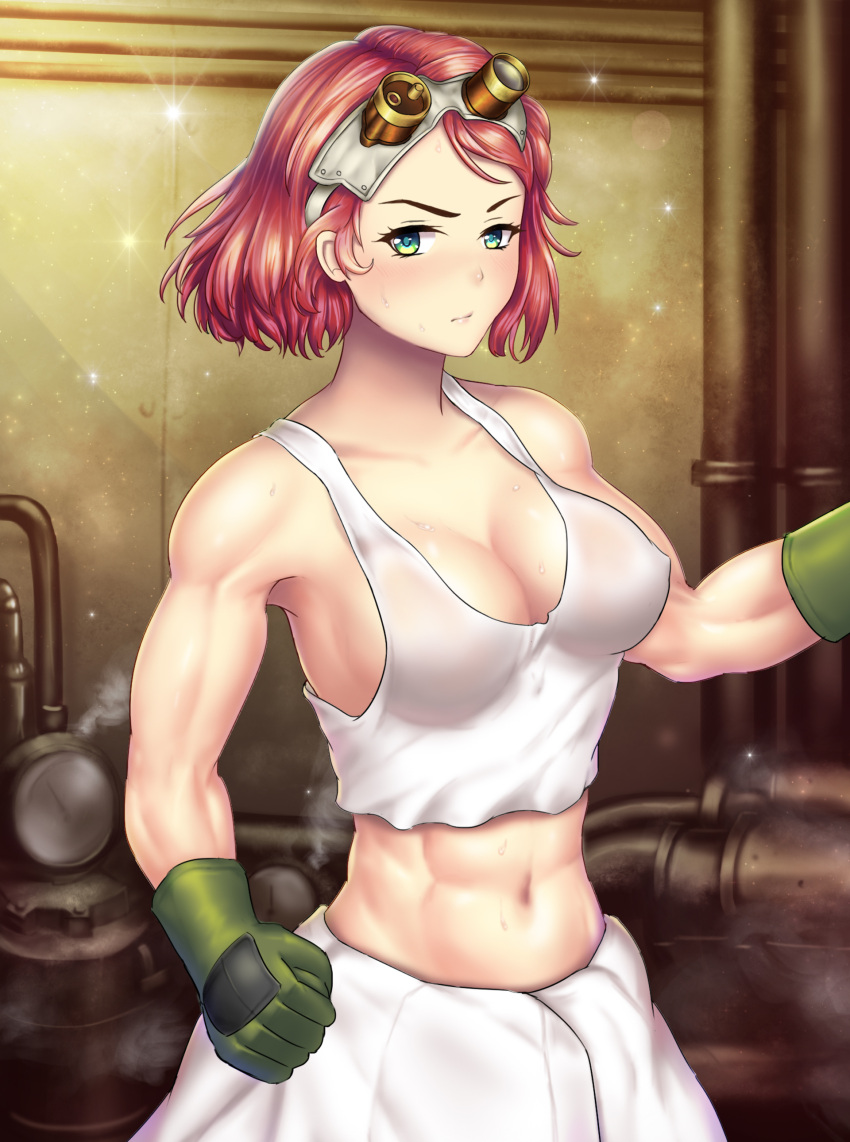 1girl, abs, absurdres, blak_at, blush, breasts, cleavage, clenched_hand