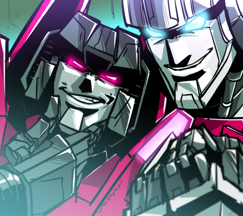 2boys, 80s, autobot, blue_eyes, decepticon, glowing, glowing_eyes, ichira-san, jetfire, machine, machinery, mecha, multiple_boys, no_humans, oldschool, personification, red_eyes, robot, smile, starscream, transformers