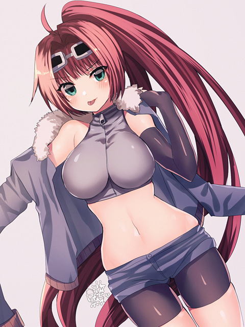 >:p, 1girl, :p, ahoge, aqua_eyes, bare_shoulders, bike_shorts, black_gloves