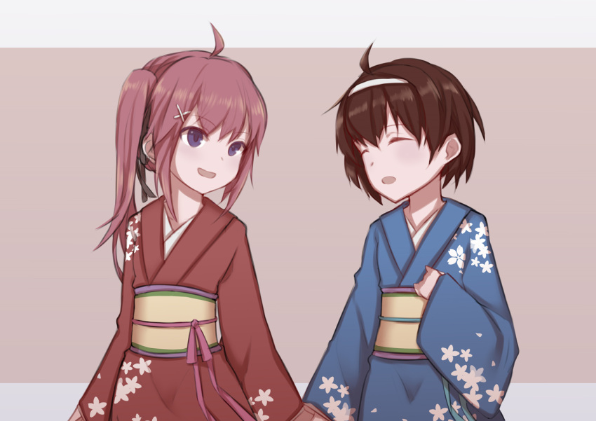 2girls, ahoge, alternate_costume, bangs, black_hair, black_ribbon, blue_eyes, blue_kimono, closed_eyes, cowboy_shot, floral_print, hair_ornament, hair_ribbon, hairclip, half_updo, hand_holding, hand_on_own_chest, hiyou_(zhan_jian_shao_nyu), japanese_clothes, jun'you_(zhan_jian_shao_nyu), kimono, looking_at_another, multiple_girls, obi, open_mouth, pink_hair, red_kimono, ribbon, sash, short_hair, siblings, side_ponytail, sidelocks, simple_background, sisters, smile, younger, zhan_jian_shao_nyu, zhixiang_zhi