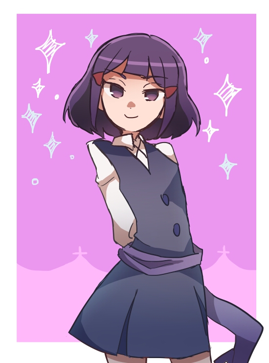 1girl, belt, confident, little_witch_academia, short_hair, smile, violet_eyes