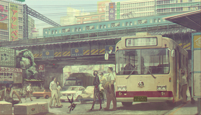 3girls, 6+boys, arm_hug, bald, black_cat, black_hair, black_legwear, blurry