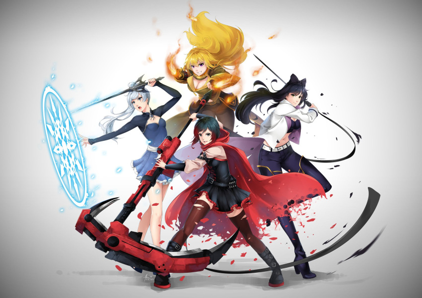 4girls, asymmetrical_hair, blake_belladonna, boots, breasts, cape, cleavage, cleavage_cutout