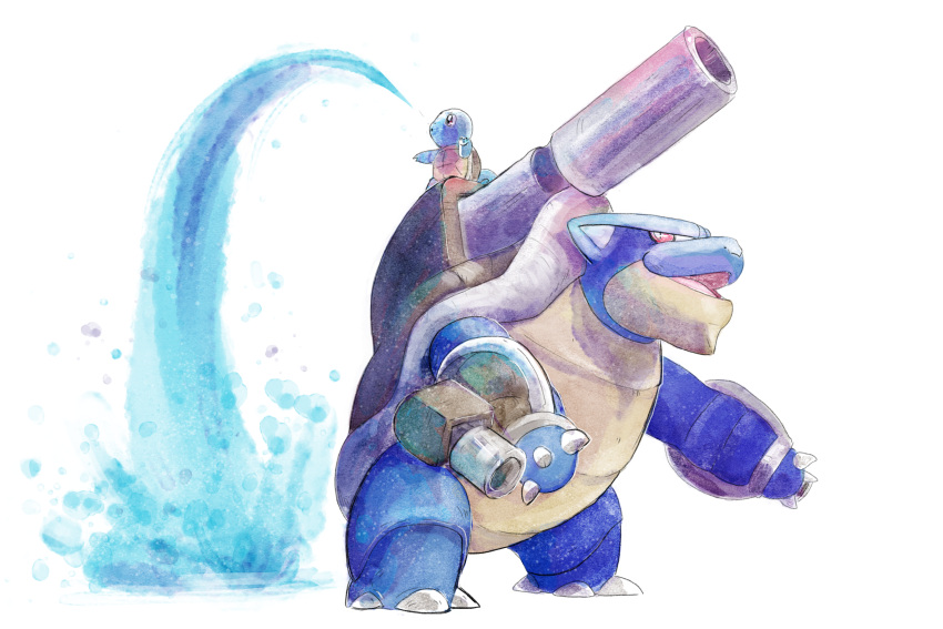 animal, animal_on_back, blastoise, highres, mega_pokemon, no_humans, open_mouth, pokemon, pokemon_(creature), red_eyes, squirtle, standing, traceysketchit, water