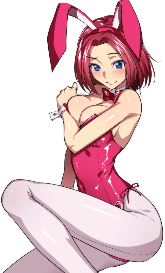 1girl, animal_ears, bare_shoulders, blue_eyes, blush, bow, bowtie, breasts