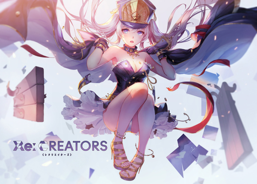 1girl, anklet, bare_shoulders, bell, blue_eyes, breasts, cape, cleavage, corset, epaulettes, gloves, gunpuku_no_himegimi, hat, high_heels, highres, jewelry, necklace, pcw, re:creators, sandals, shoes, skirt, solo, stiletto_heels, twintails, white_hair