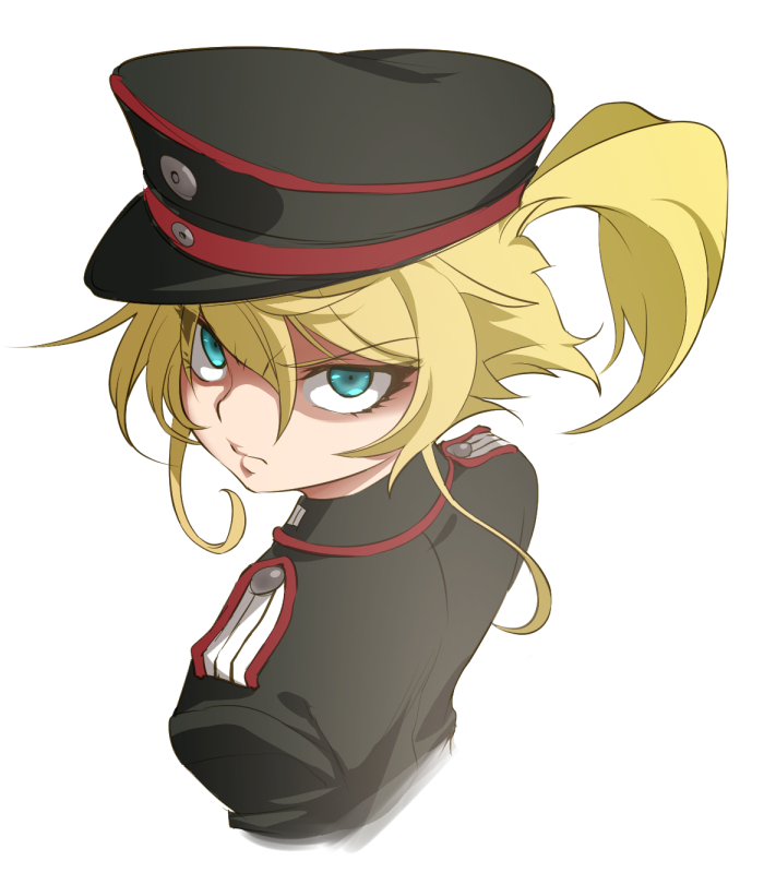 1girl, bangs, black_hat, black_jacket, cropped_torso, epaulettes, glaring, hat