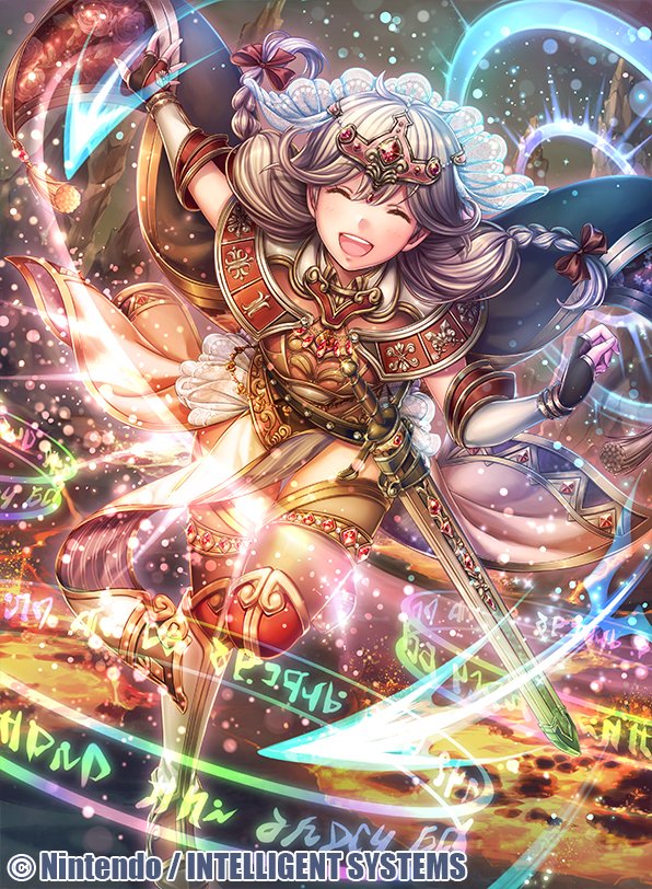 1girl, bow, braid, brown_hair, closed_eyes, company_name, copyright_name, effie_(fire_emblem)