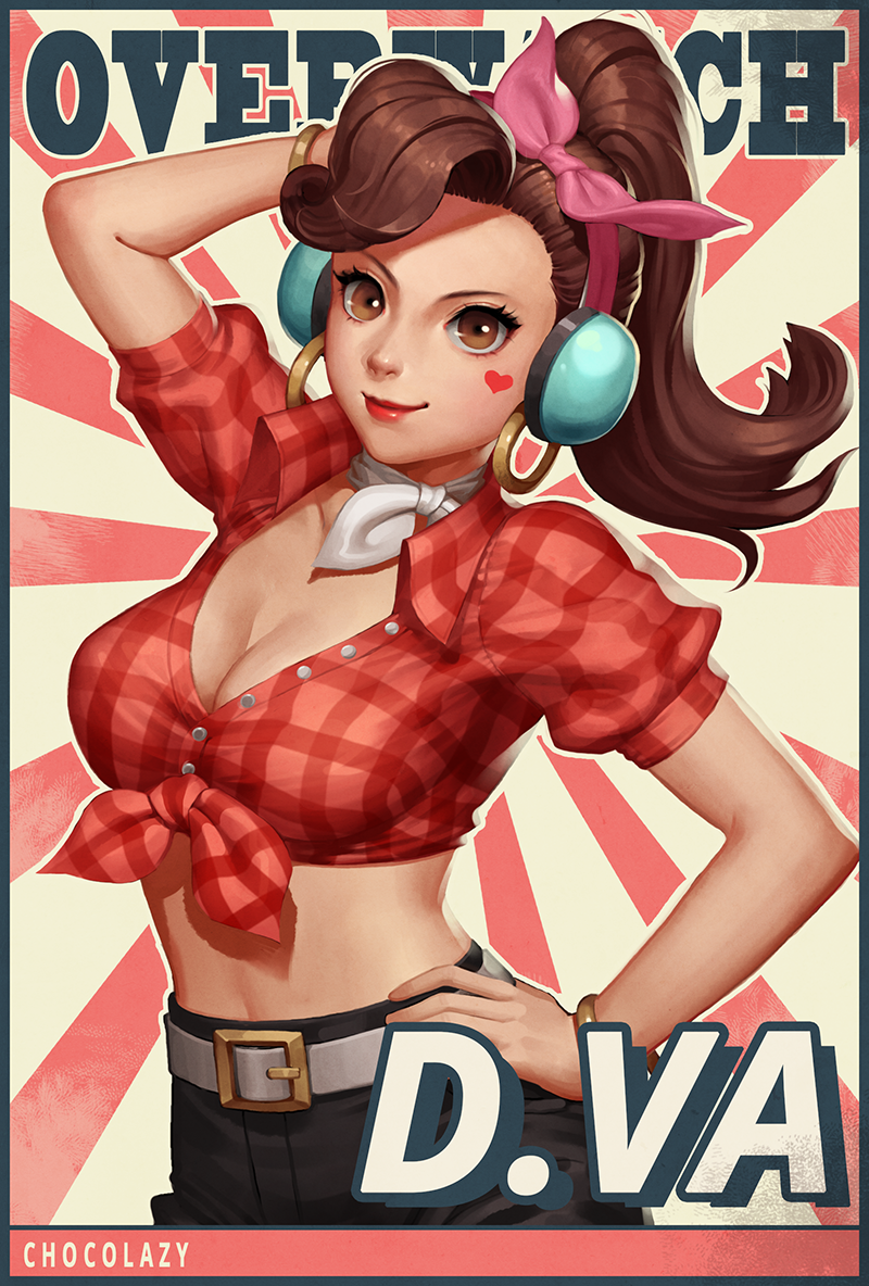 1girl, alternate_costume, arm_up, artist_name, belt, belt_buckle, blue_pants, breasts