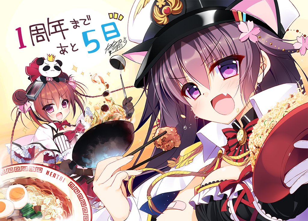 >:d, 2girls, :d, artist_signature, breasts, brown_hair, chopsticks, cleavage