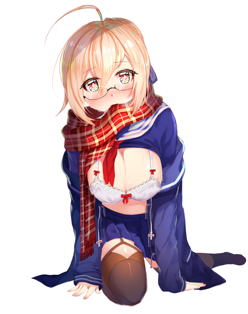 1girl, ahoge, black_legwear, blonde_hair, blush, bra, breasts, cleavage
