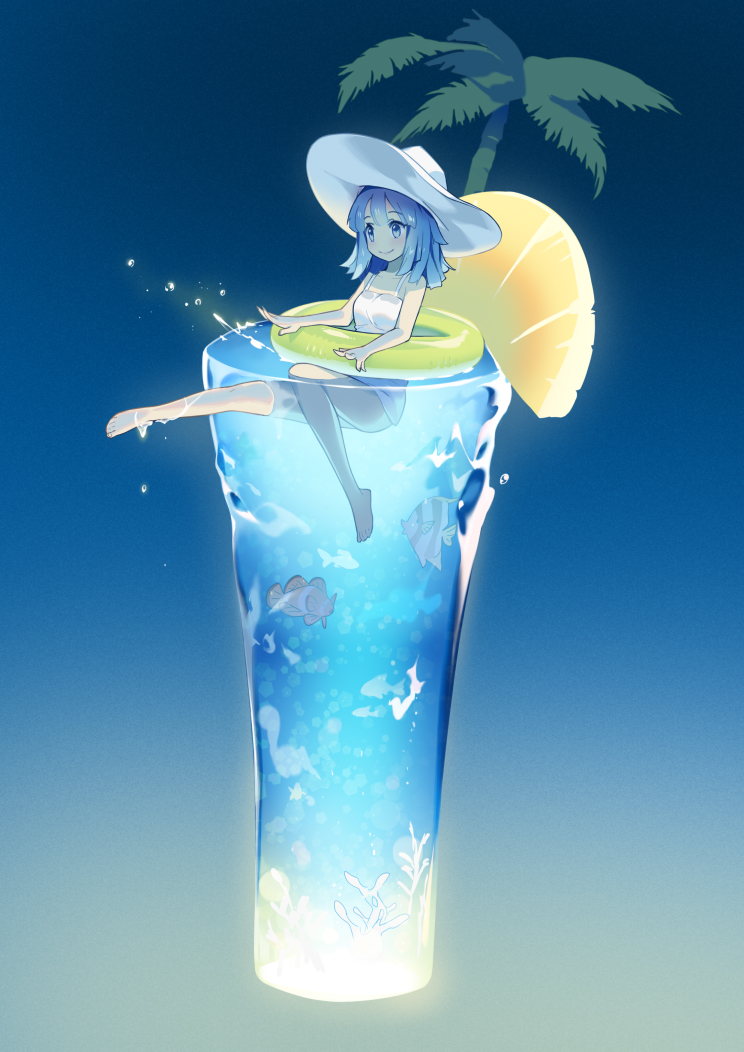 1000marie, 1girl, bangs, barefoot, blue_eyes, blue_hair, coral, dress