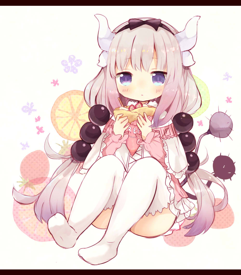 1girl, bangs, beads, black_hairband, blue_eyes, blunt_bangs, capelet, coco_(hinatacoco), crepe, dragon_horns, food, frilled_capelet, full_body, gradient_hair, hair_beads, hair_ornament, hairband, holding, holding_food, horns, kanna_kamui, kobayashi-san_chi_no_maidragon, lavender_hair, letterboxed, long_hair, looking_at_viewer, low_twintails, multicolored_hair, silver_hair, sitting, solo, tail, thigh-highs, thighs, twintails, very_long_hair, white_legwear
