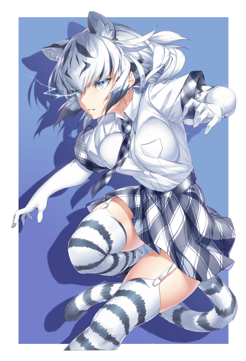 1girl, absurdres, animal_ears, black_hair, black_necktie, black_skirt, blue_background, blue_eyes