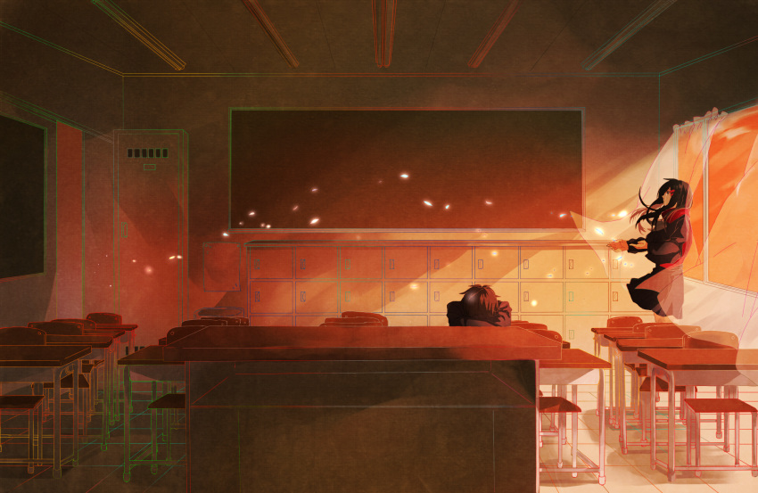 1boy, 1girl, bad_id, bad_pixiv_id, black_hair, black_skirt, chalkboard, classroom