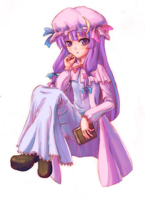 1girl, book, juuka@100neko, patchouli_knowledge, solo, touhou