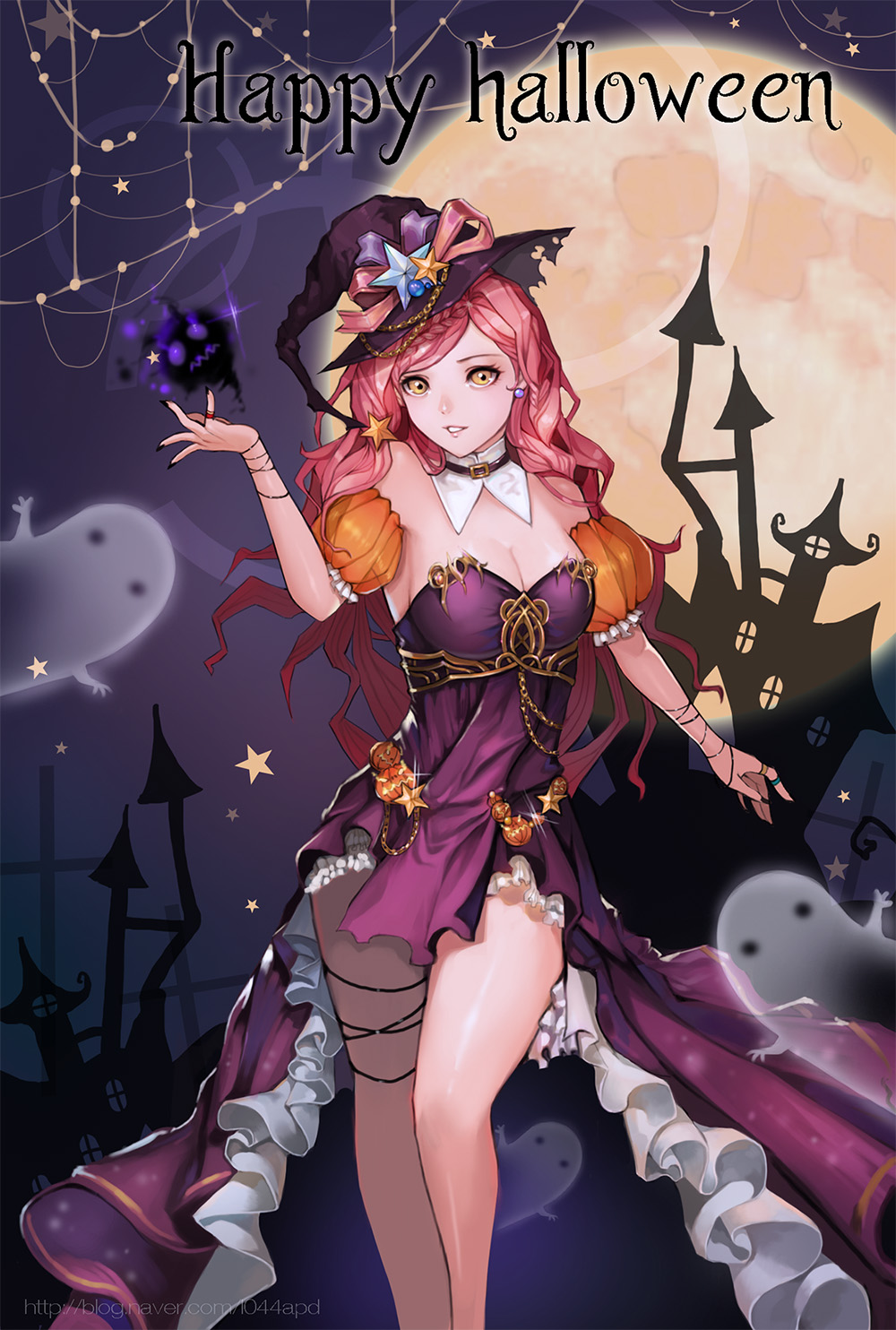1girl, black_hat, black_nails, blush, breasts, cleavage, ghost, happy_halloween