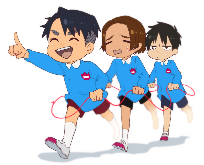 3boys, ^_^, black_hair, brown_eyes, brown_hair, child, closed_eyes, con_potata
