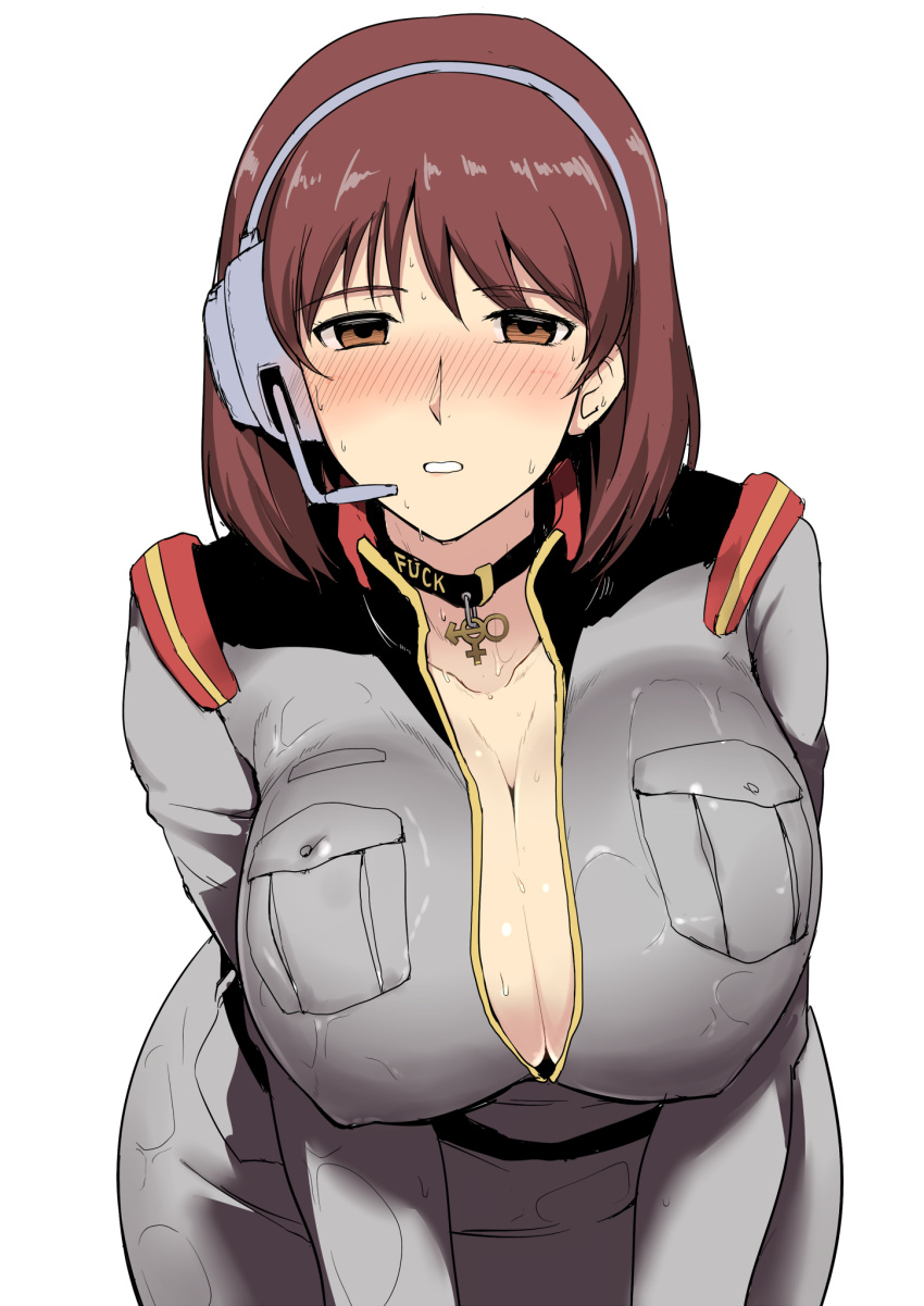 1girl, belt, blush, breasts, brown_eyes, brown_hair, cleavage, collar