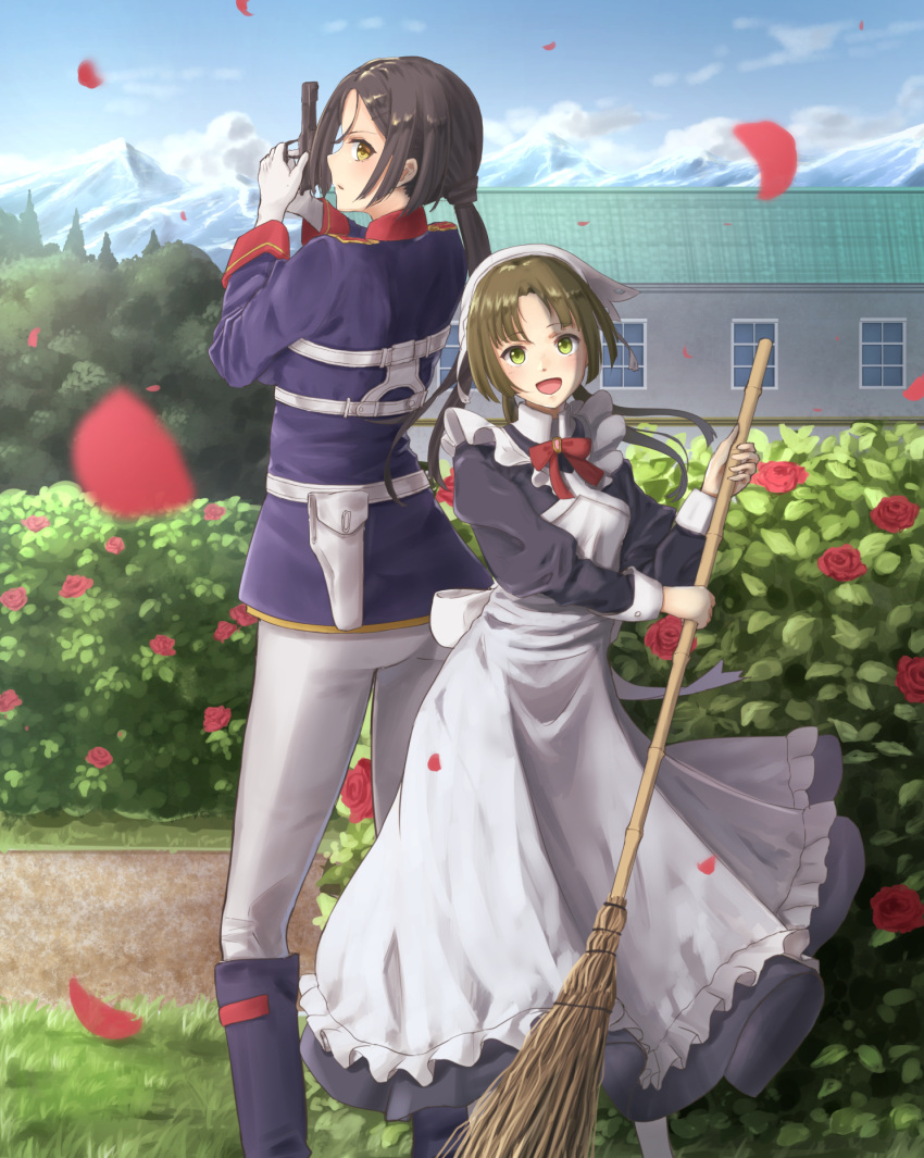 2girls, apron, bianca_(shuumatsu_no_izetta), black_hair, blush, broom, brown_hair, building, eyebrows_visible_through_hair, gloves, green_eyes, gun, hair_ornament, hairclip, handgun, highres, holding, holding_broom, holding_gun, holding_weapon, k_ryo, long_hair, looking_at_viewer, lotte_(shuumatsu_no_izetta), maid, maid_apron, multiple_girls, open_mouth, petals, pistol, ponytail, shuumatsu_no_izetta, smile, twintails, weapon, white_gloves, window, yellow_eyes