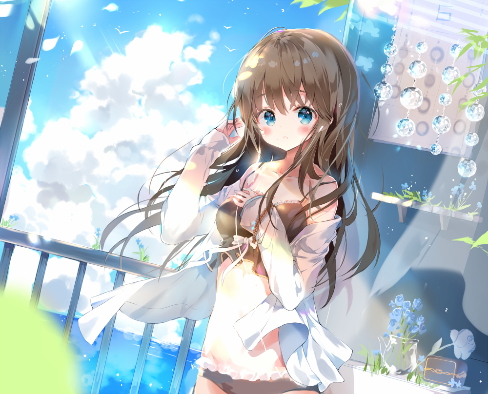 1girl, bare_shoulders, blue_eyes, blue_flower, blush, breasts, brown_hair, clouds