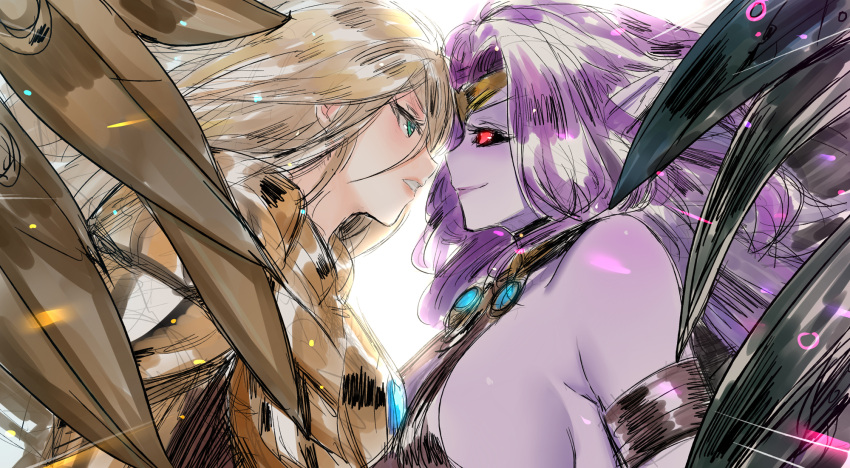 2girls, armor, black_sclera, blonde_hair, breasts, green_eyes, highres, kayle