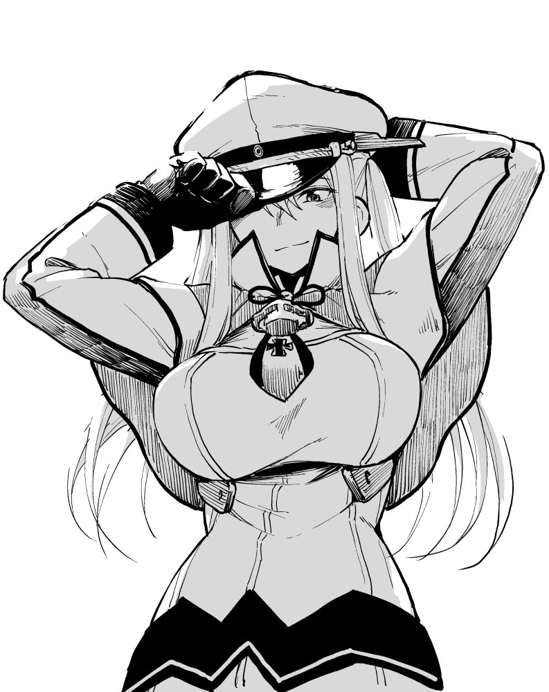 1girl, black_gloves, breasts, capelet, gloves, graf_zeppelin_(kantai_collection), greyscale, hat