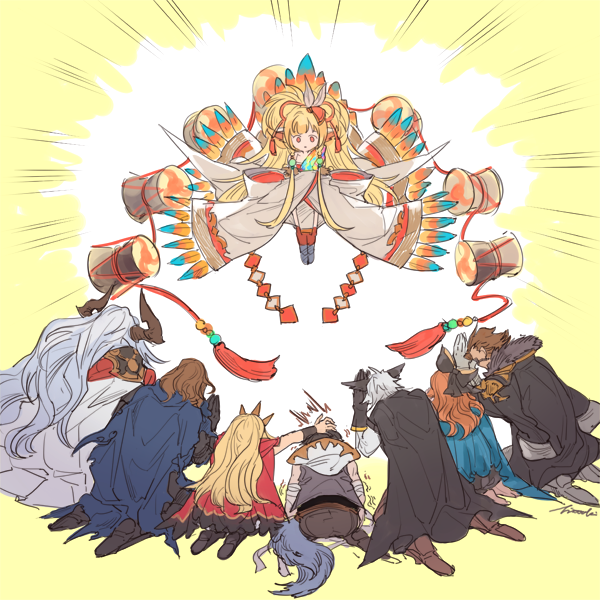 3girls, 4boys, ayer, bending, cagliostro_(granblue_fantasy), cape, doraf, erun_(granblue_fantasy), eugene_(granblue_fantasy), floating, granblue_fantasy, harbin, horn, kouno_hitaki, long_hair, makira_(granblue_fantasy), multiple_boys, multiple_girls, sara_(granblue_fantasy), siegfried_(granblue_fantasy)