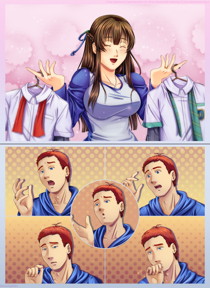 1boy, 1girl, 2koma, ^_^, ^o^, ahoge, alternate_costume, black_hair
