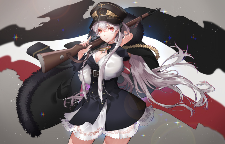 1girl, aiguillette, bangs, bolt_action, breasts, cleavage, closed_mouth, commentary_request, cowboy_shot, eyebrows_visible_through_hair, fur_trim, girls_frontline, gun, hair_between_eyes, hat, highres, holding, holding_gun, holding_weapon, imperial_german_flag, iron_cross, kar98k_(girls_frontline), large_breasts, long_hair, looking_at_viewer, mauser_98, peaked_cap, qian_zhe, red_eyes, revision, rifle, smile, solo, weapon, white_hair