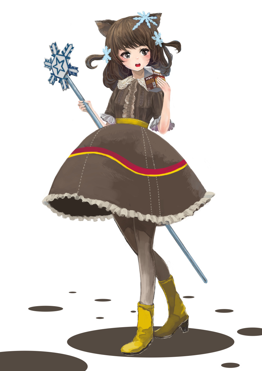 1girl, :o, absurdres, animal_ears, black_eyes, boots, brown_dress, brown_hair