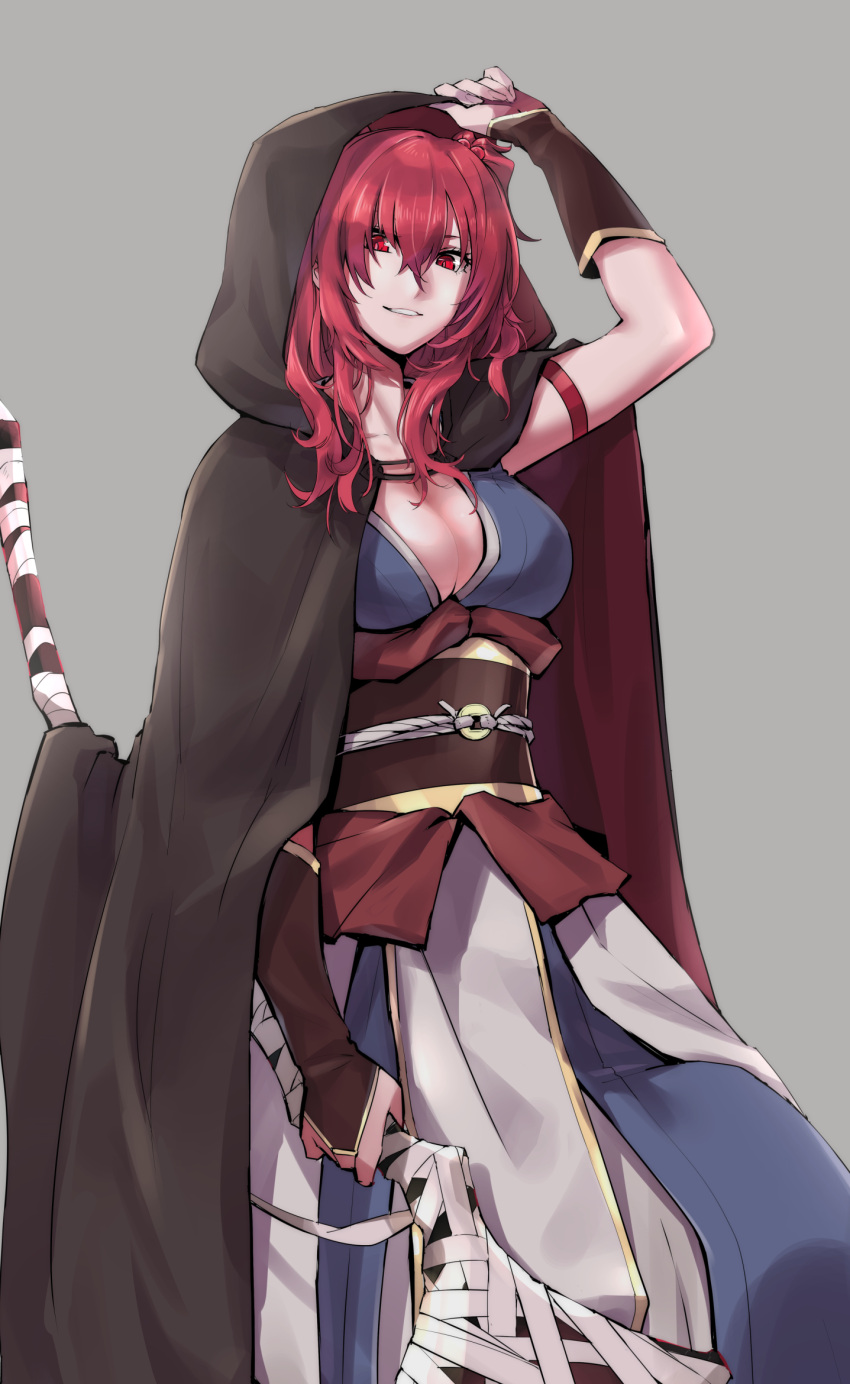 1girl, adjusting_clothes, arm_strap, breasts, cleavage, cloak, grey_background, highres