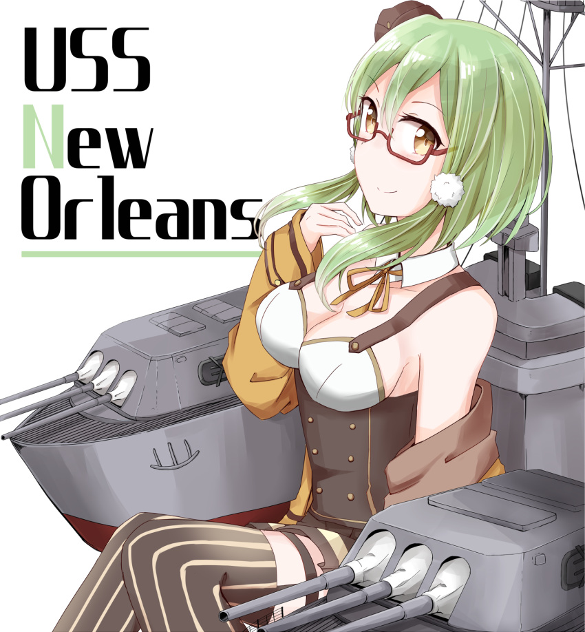 1girl, bare_shoulders, breasts, brown_hat, brown_jacket, brown_legwear, brown_skirt, buttons