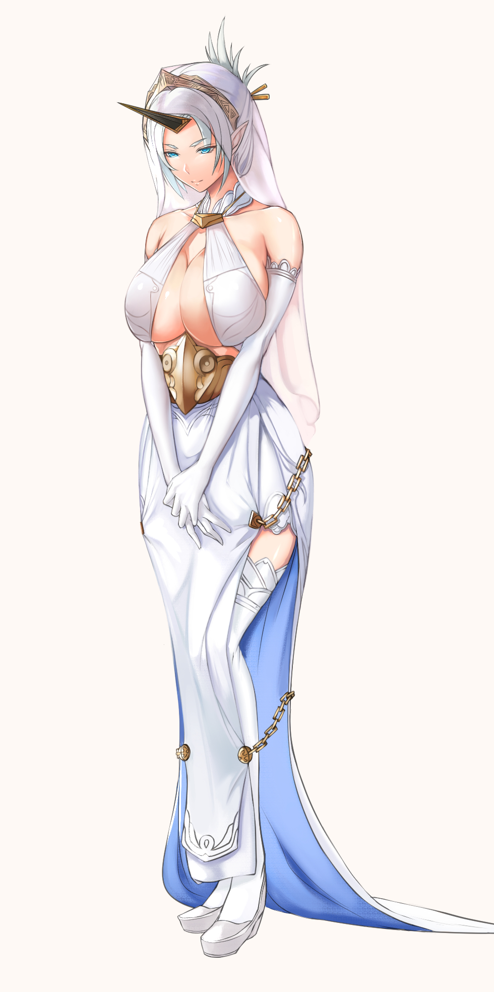 >:), 1girl, bare_shoulders, blue_eyes, breasts, chains, cleavage, closed_mouth